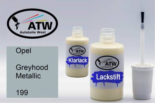 Opel, Greyhood Metallic, 199: 20ml Lackstift + 20ml Klarlack - Set, von ATW Autoteile West.